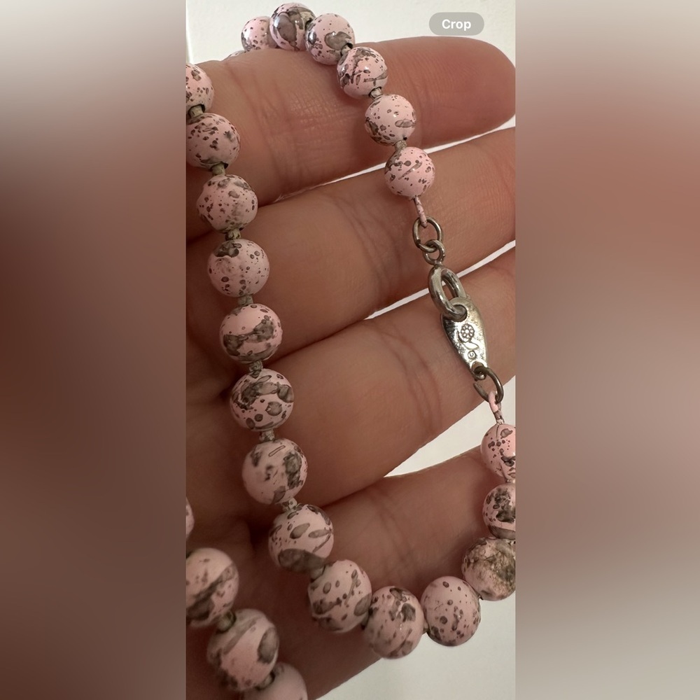 Pink Speckled Beaded Necklace | Knotted Ceramic Style Beads | Artisan Look - Picture 6 of 10